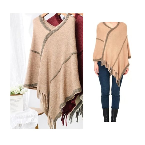 Khaki Poncho Sweater Cover Up Wrap Shawl Trendy Soft Knit Fall Fringe Womens Top - Picture 2 of 6